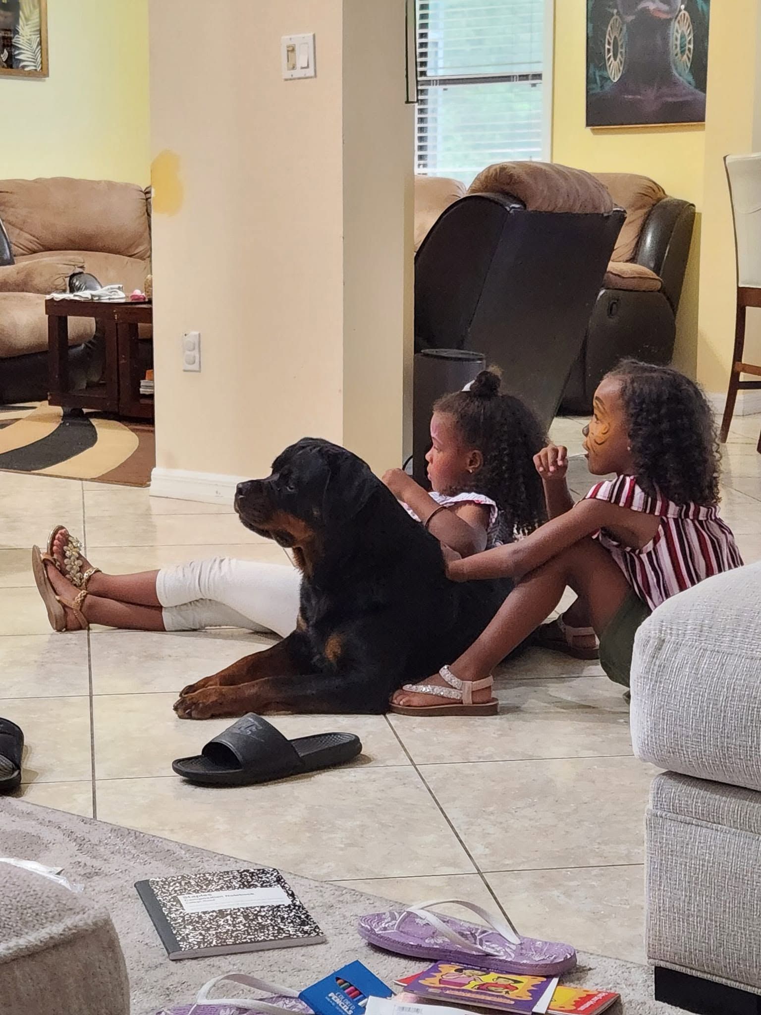 Honey lying on the floor at home between two children