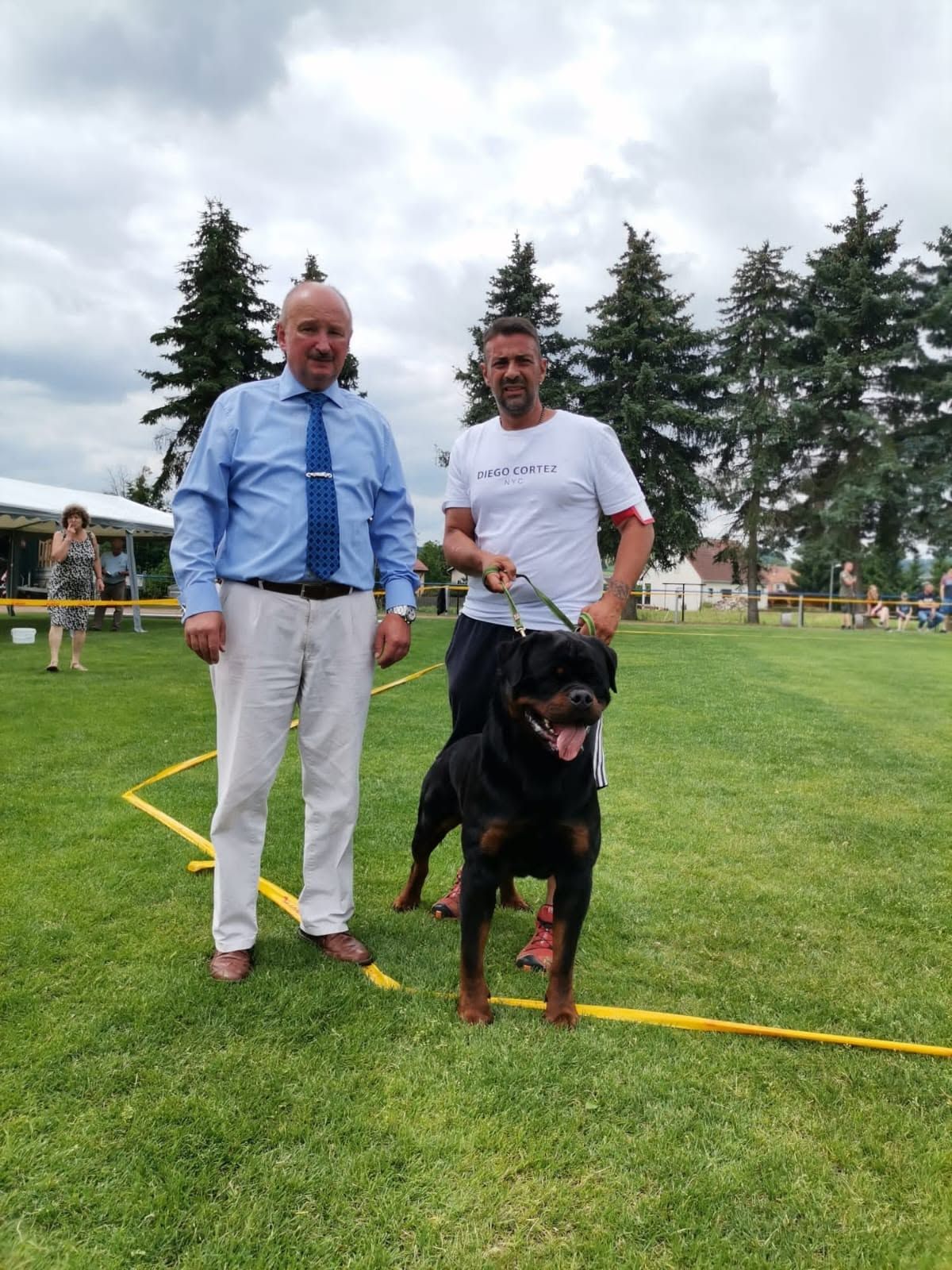 Uvo standing on lead with his handler and the judge at an outdoor European show
